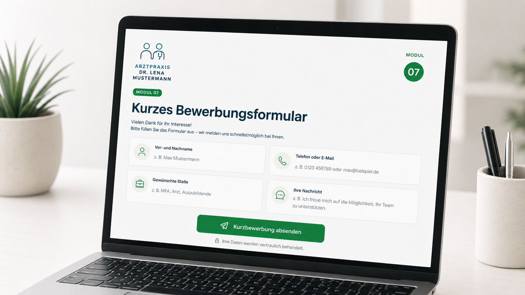 Screenshot eines vereinfachten Bewerbungsprozesses für Praxen