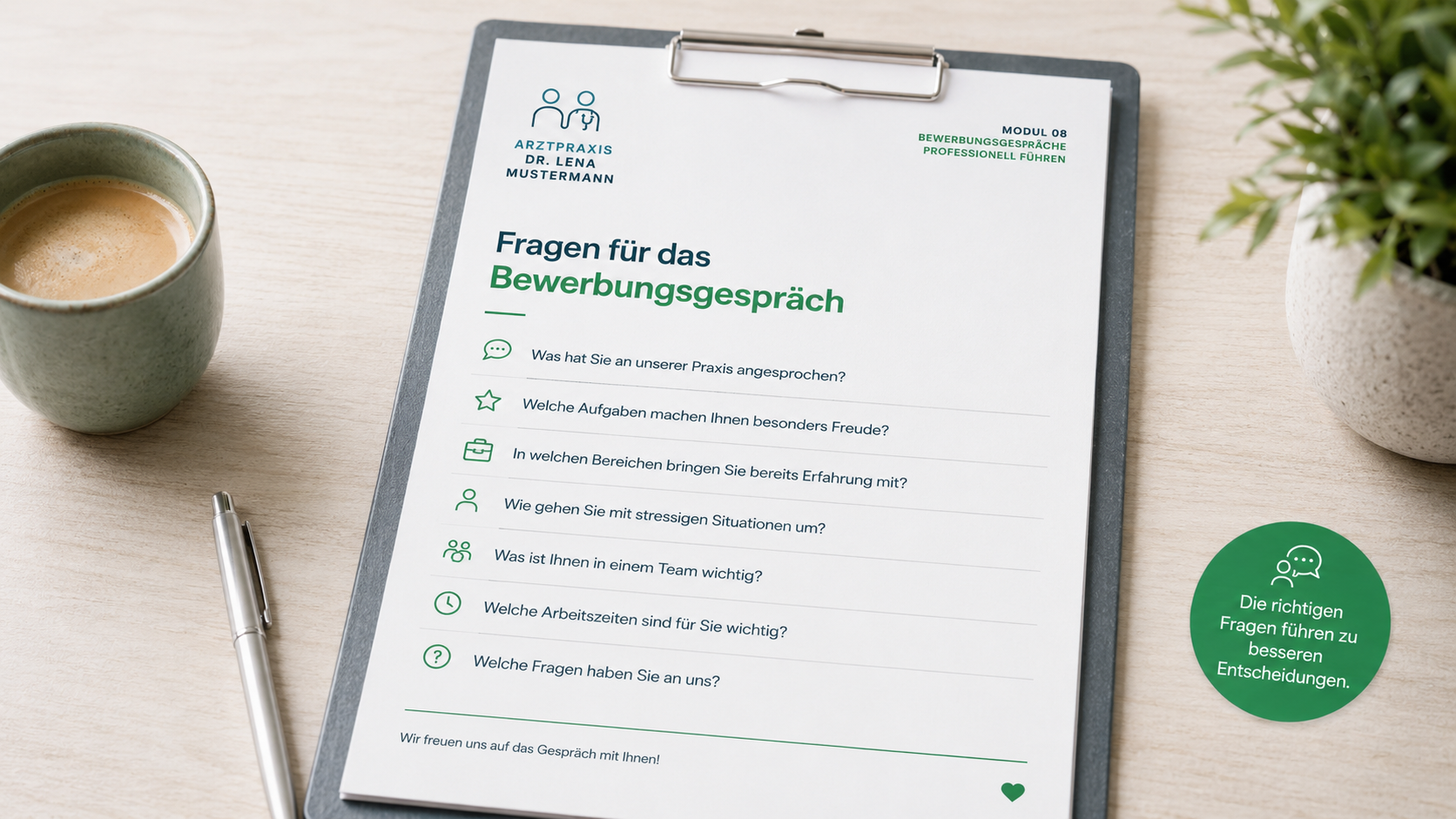 Screenshot eines Gesprächsleitfadens für Bewerbungsgespräche in Praxen