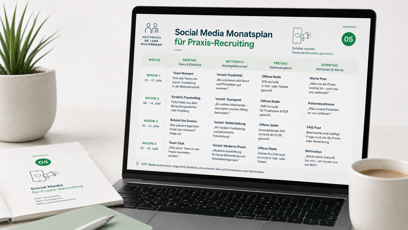 Screenshot eines Social-Media-Redaktionsplans für Praxis-Recruiting